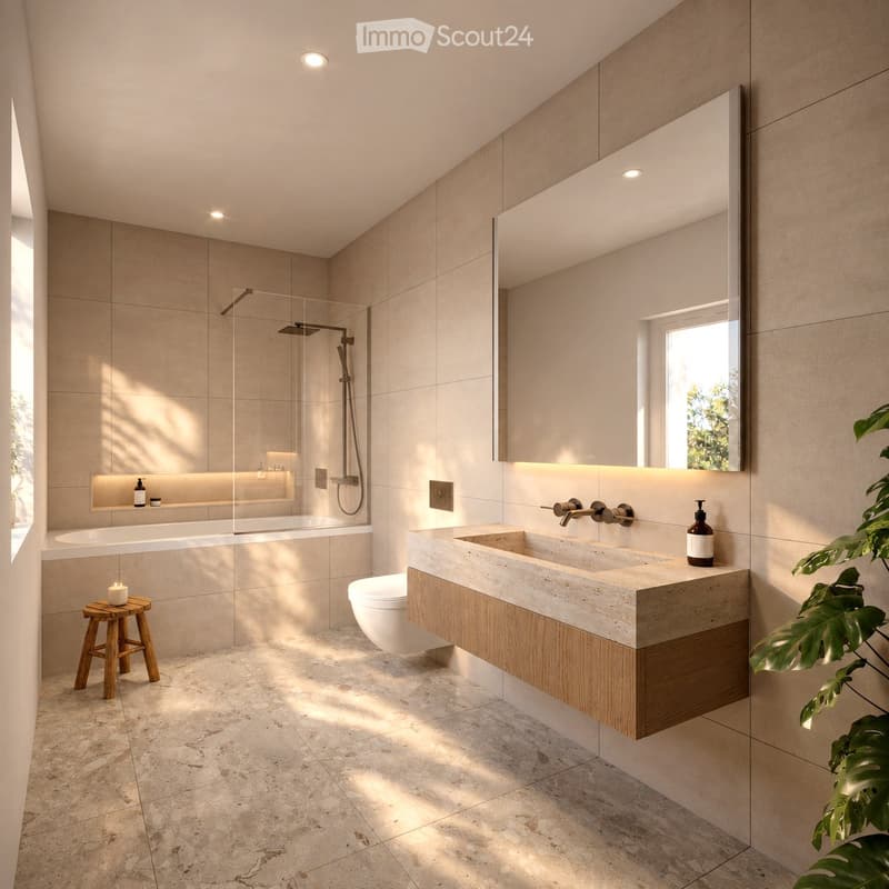 Modern bathroom with a large mirror, wooden vanity, bathtub, toilet, and a small wooden stool holding a candle. The space features natural light from a window and built-in lighting under the mirror.