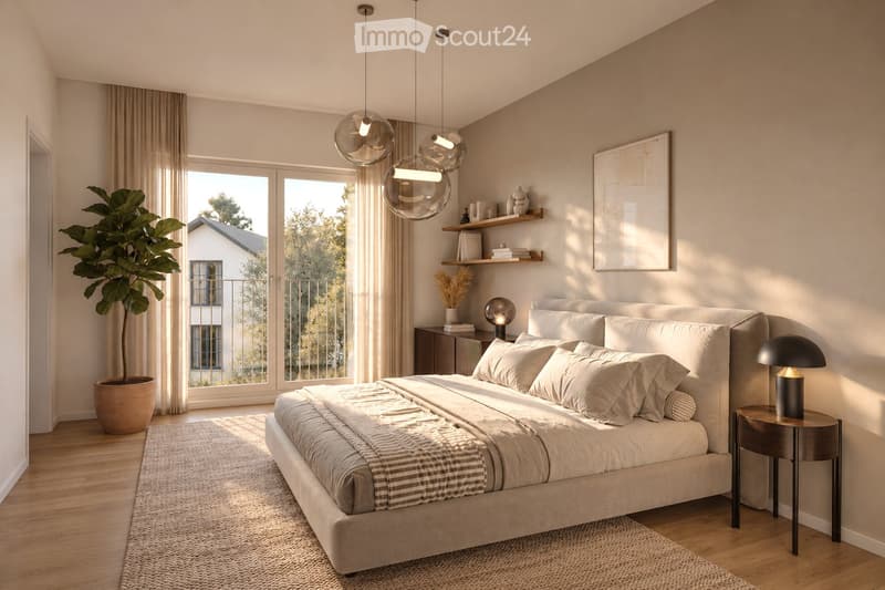 Modern bedroom with a large bed, nightstand, pendant lights, shelves, and a plant near the window.