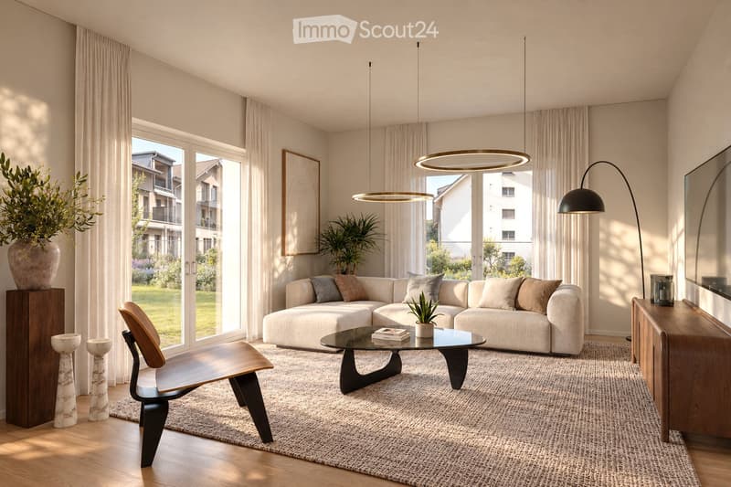 Modern living room with large windows, light-colored sofa, coffee table, wooden chair, floor lamp, and decorative vases.