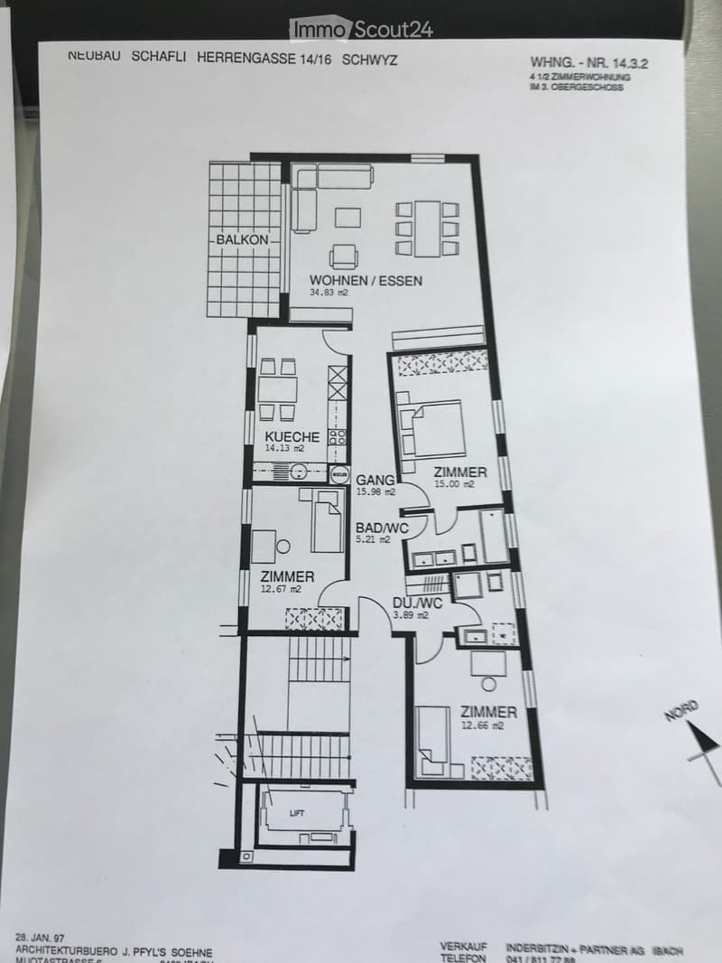 Floor plan of a 4.5-room apartment on the 3rd upper floor, featuring a living/dining area, kitchen, three bedrooms, two bathrooms, and a balcony.