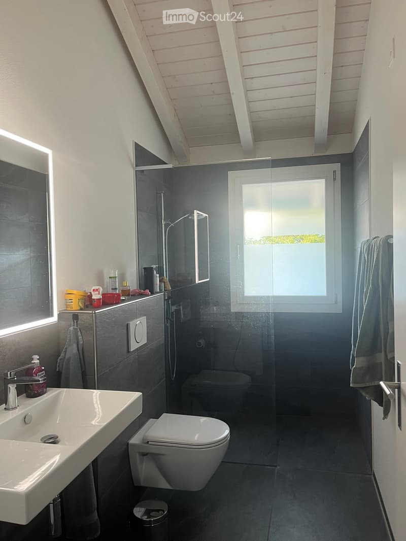 Modern bathroom with a white sink, chrome faucet, toilet, glass-enclosed shower, and a window with frosted glass. The walls are tiled in dark gray, and there are towels and toiletries on the counter.