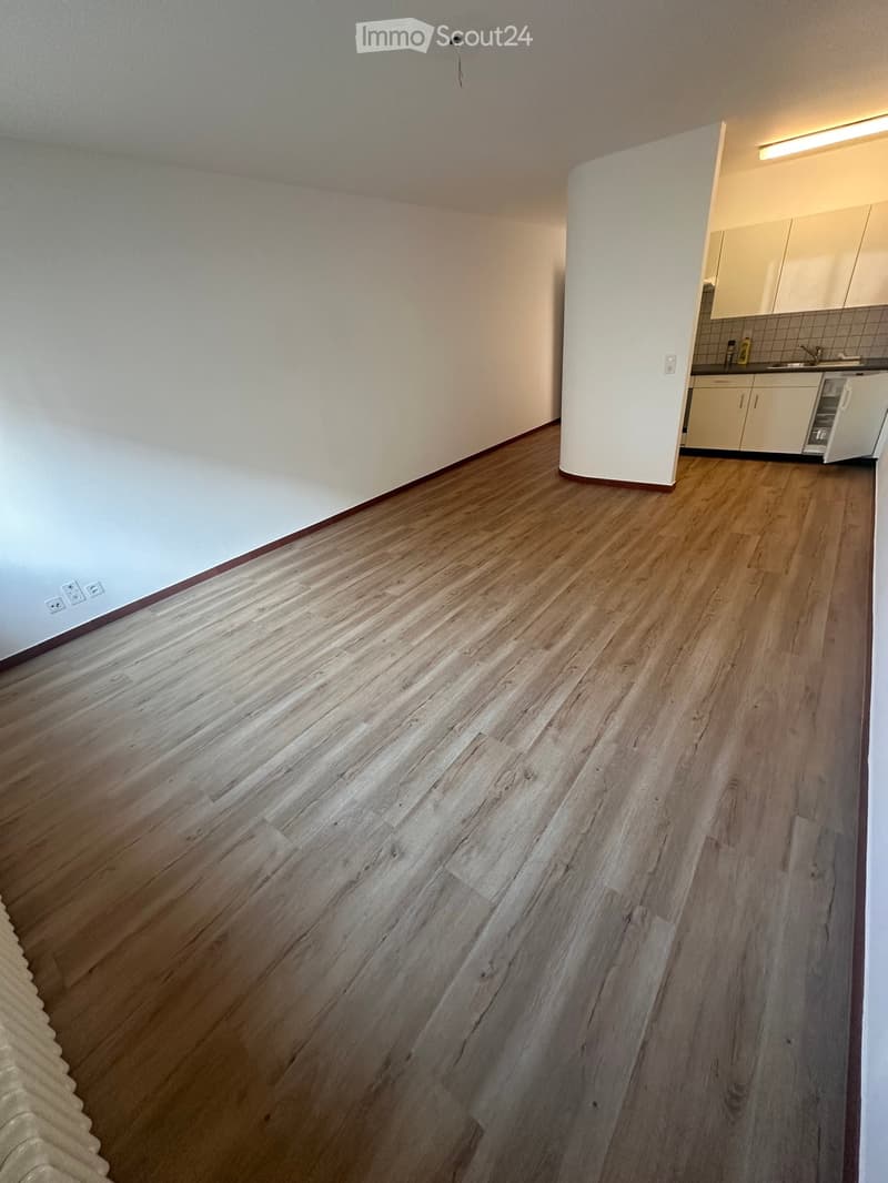 Empty room with light wooden flooring, white walls, and a radiator along the left wall. A small kitchen area is visible in the background with cabinets and a sink.