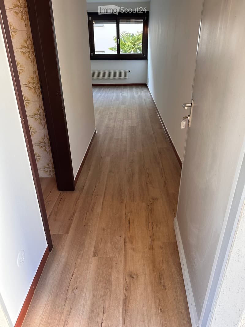 Empty hallway with wooden flooring, white walls, and a window at the end showing greenery outside.