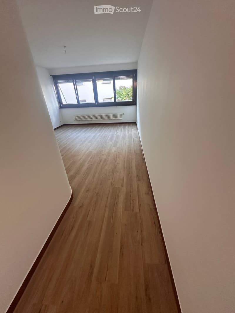 Empty hallway with wooden flooring, white walls, and a large window at the end.