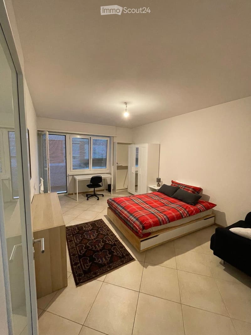 A modern bedroom with a bed, a chair, a table, a wardrobe, a sofa, and a rug.