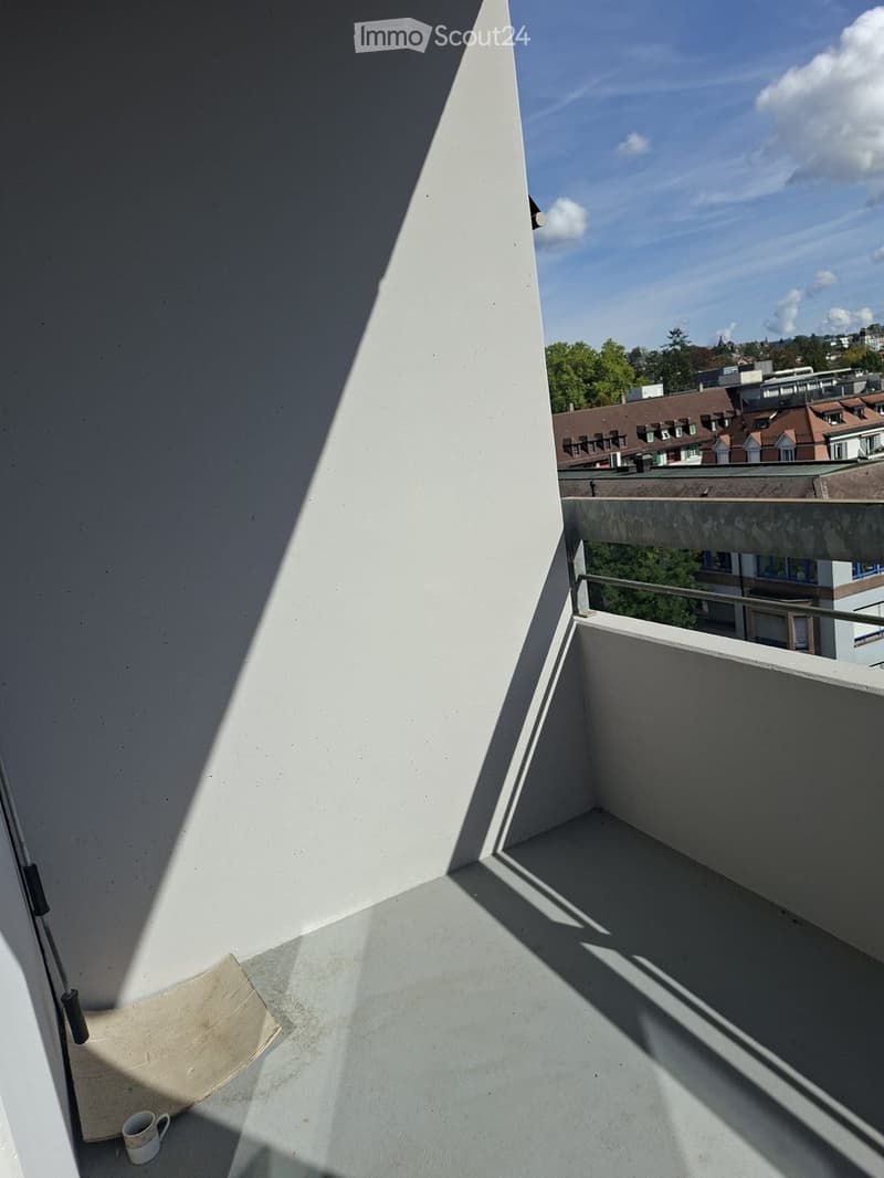 Empty balcony with white walls, metal railing, and a view of the cityscape and rooftops.