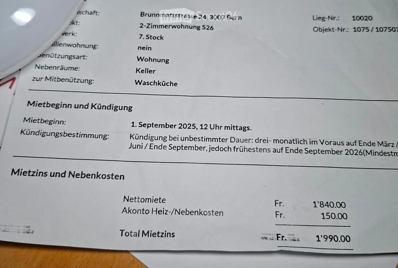 Rental agreement document showing details for a 2-room apartment in Bern, including rent amount, lease start date, and additional costs.