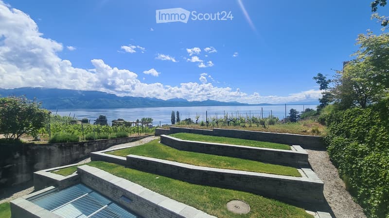 A landscaped garden with tiered stone walls, grassy areas, and a small pool, overlooking a lake and mountains.