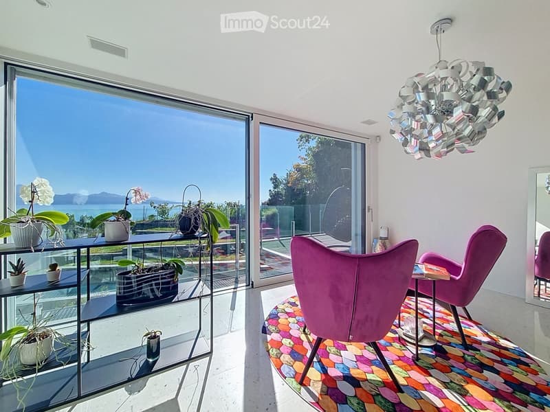 Modern living room with large windows offering a scenic view, colorful patterned rug, pink chairs, a small table, and decorative potted plants on a shelf.