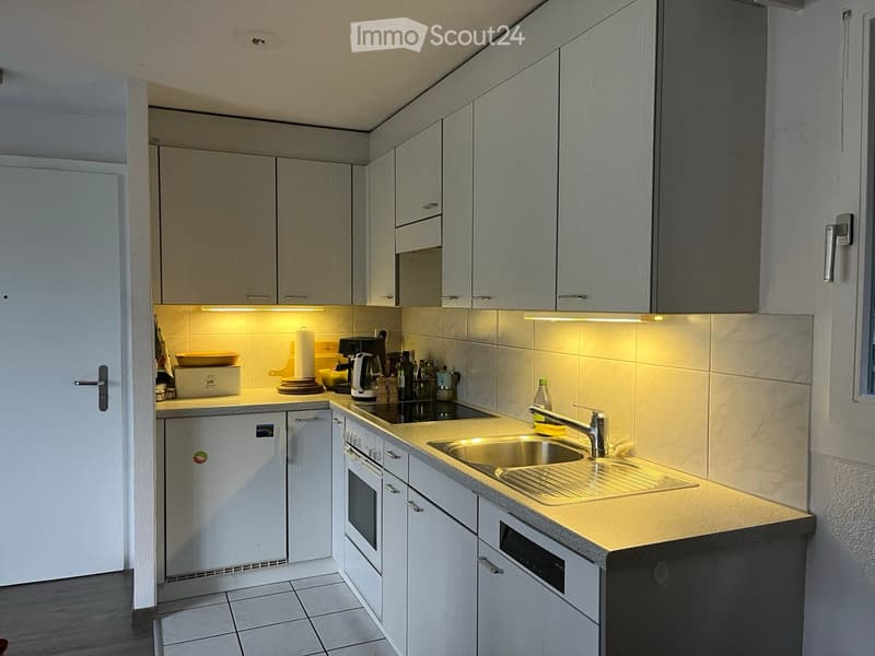 Modern kitchen with white cabinets, stainless steel sink, oven, refrigerator, and various appliances on the counter.
