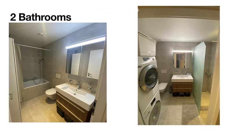 Two modern bathrooms: one with a bathtub, toilet, sink, and mirror; the other with a washing machine, toilet, sink, and mirror.