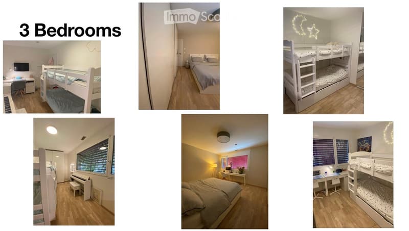 A collage of three bedrooms, each featuring bunk beds, desks, chairs, and various decorative elements like lamps, mirrors, and a piano.