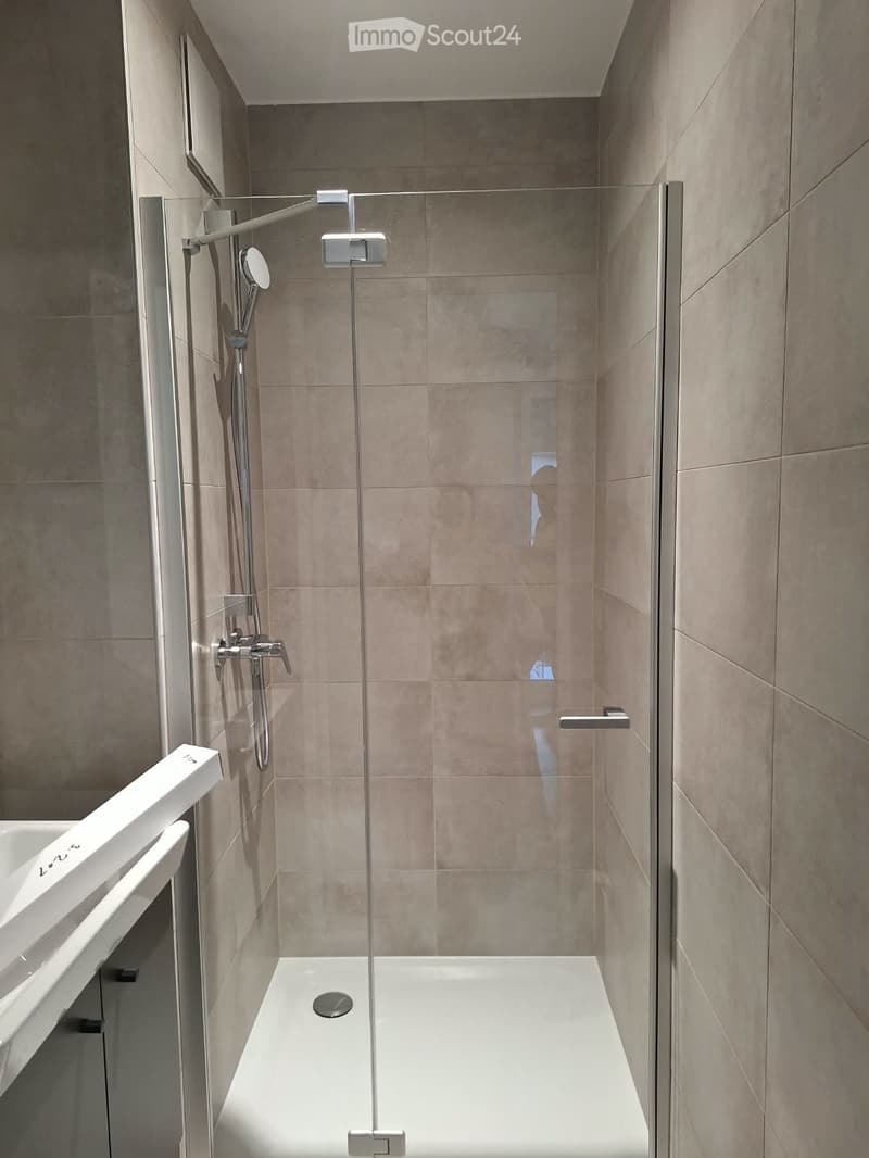 Modern bathroom with a bathtub, glass-enclosed shower, and a sleek chrome showerhead and controls.