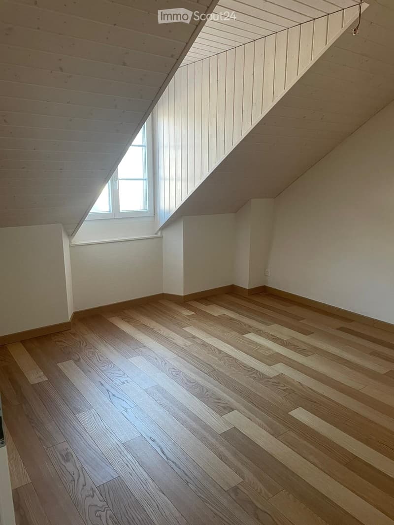 Empty attic space with wooden flooring, white walls, and a skylight window allowing natural light to enter.