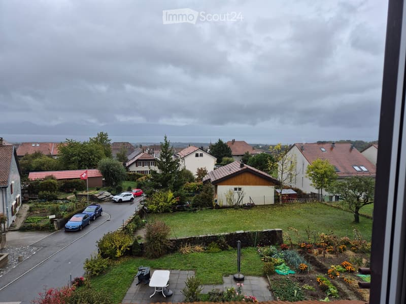 Balcony view of a residential area with houses, trees, parked cars, and a garden with a table and bench.