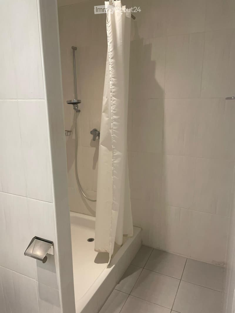 Modern bathroom with a bathtub, shower curtain, and toilet paper holder. Light-colored tiles and clean design.