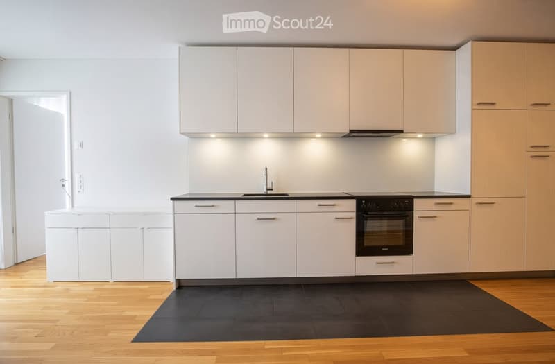 Modern kitchen with white and light wood cabinets, black countertop, sink, faucet, and built-in oven.
