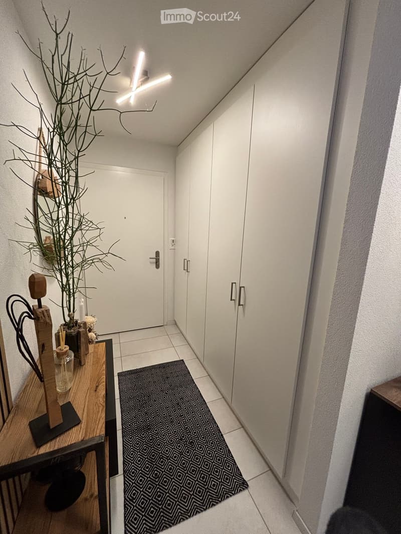 Modern hallway with white walls, tiled floor, built-in white cabinets, and a small wooden table with decorative items and a plant. A patterned black and white runner rug is placed on the floor.