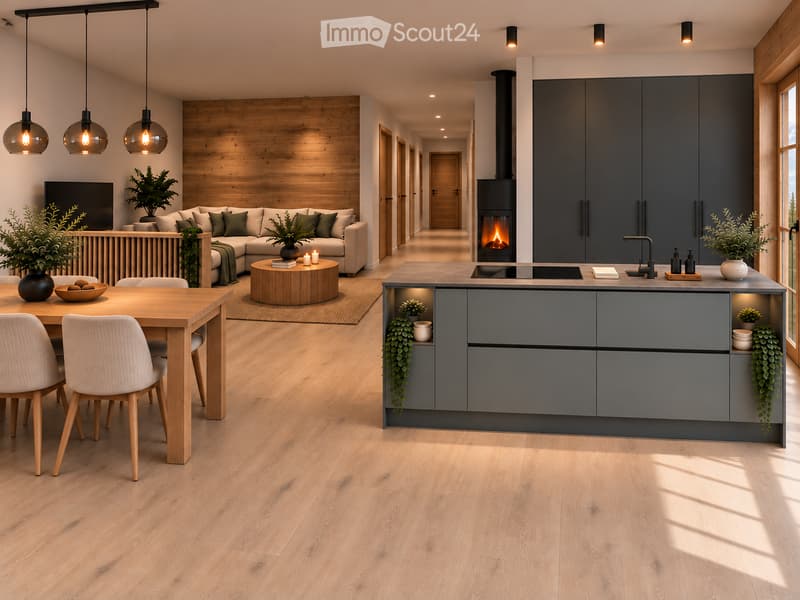 Open-plan living and dining area with a modern kitchen. Features a grey sofa, coffee table, fireplace, kitchen island, dining table with chairs, pendant lights, and various decorative items including vases, bowls, books, candles, and potted plants.