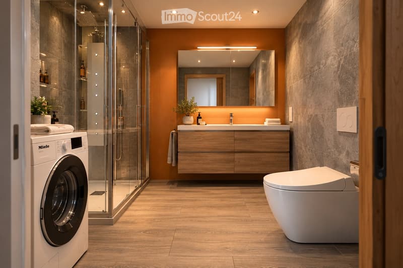 Modern bathroom with a wooden vanity, white toilet, glass-enclosed shower, and a washing machine. Features include a large mirror, ambient lighting, and a sleek design.
