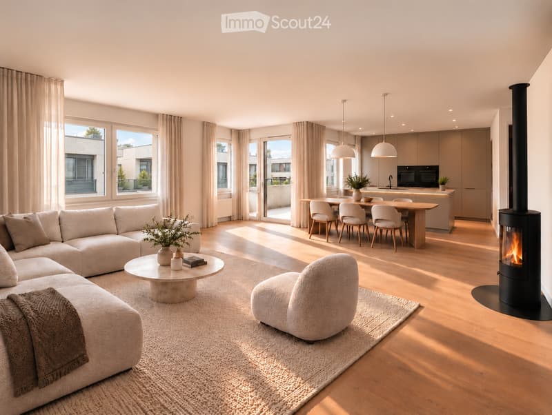 Modern living and dining area with a sectional sofa, coffee table, armchair, dining table with chairs, kitchen island, pendant lights, and a fireplace. Large windows and sliding doors lead to a balcony.