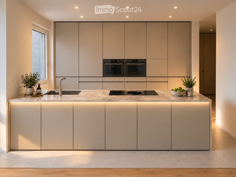 Modern kitchen with light-colored cabinets, a central island with a marble countertop, built-in ovens, and a sink with a modern faucet. The island features ambient lighting and is adorned with small decorative items and a potted plant.