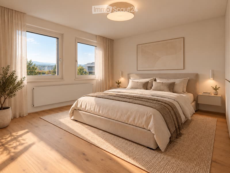 Modern bedroom with a large bed, nightstands, lamps, a picture frame on the wall, and a potted plant near the window. The room features wooden flooring and large windows with curtains.