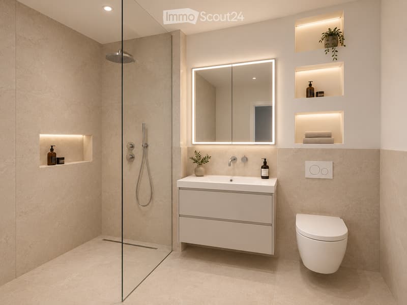 Modern bathroom with beige tiles, a white sink with a mirror, a toilet, a glass-enclosed shower, and built-in illuminated shelves holding plants and toiletries.