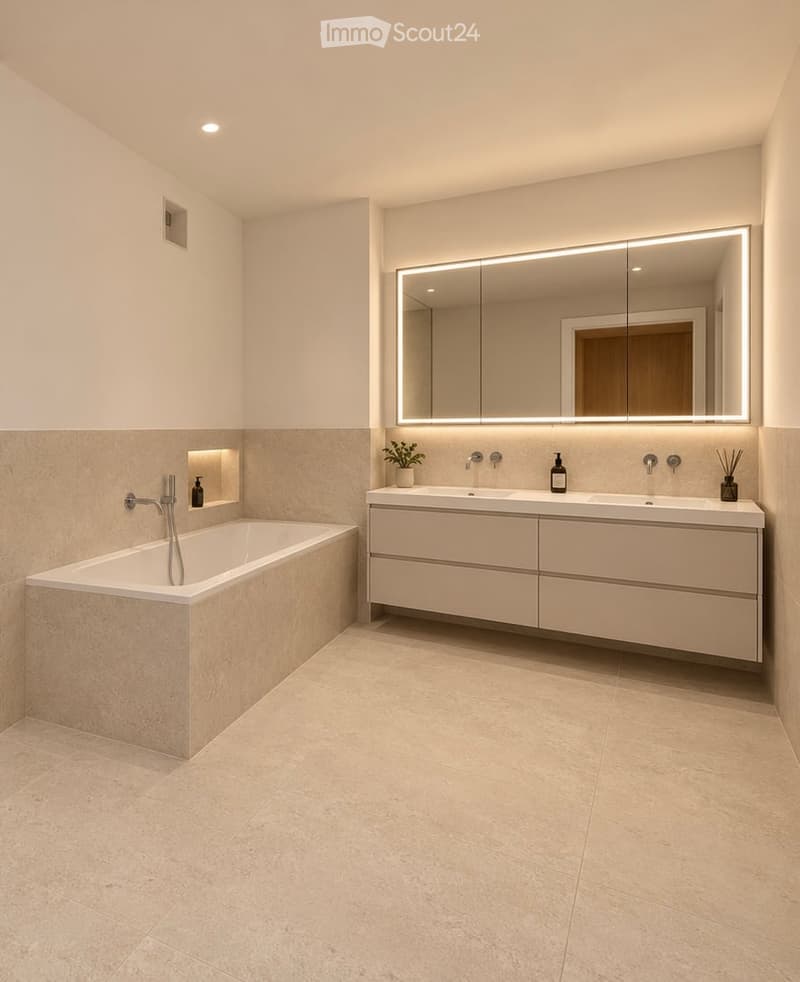 Modern bathroom with a large bathtub, double sink vanity, illuminated mirror, and built-in storage. Light-colored tiles and sleek fixtures.