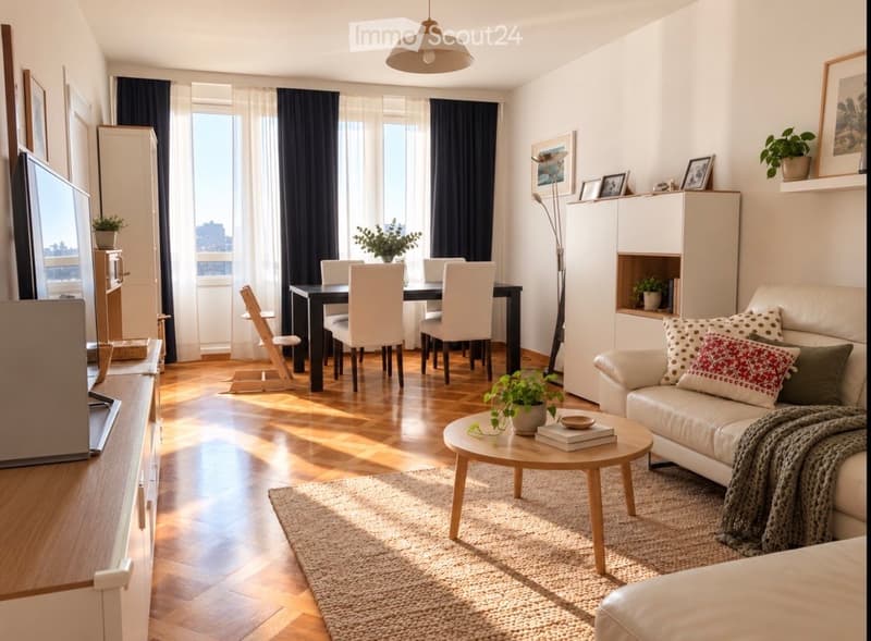 Bright living room with wooden flooring, large windows, a white leather sofa, coffee table, dining area with chairs, and decorative plants.