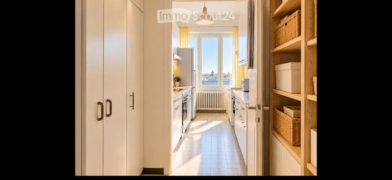 Modern kitchen with white cabinets, stainless steel appliances, and a view through large windows.