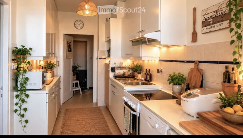 Modern kitchen with white cabinets, stainless steel appliances, and warm lighting. Includes microwave, oven, dishwasher, sink, cutting board, rice cooker, and potted plants.