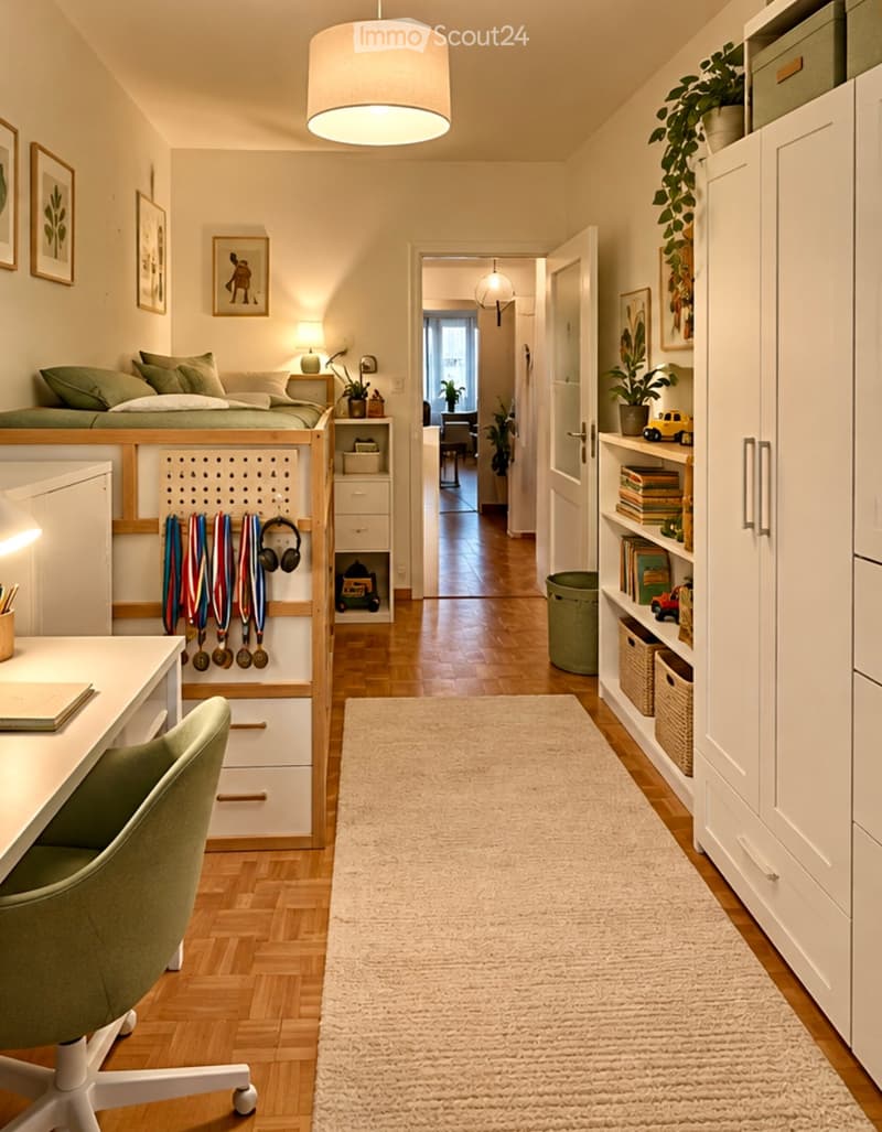 Cozy hallway with wooden flooring, white walls, and a large rug. Features a desk with a chair, shelves with books and toys, and a bunk bed visible in the adjacent room.