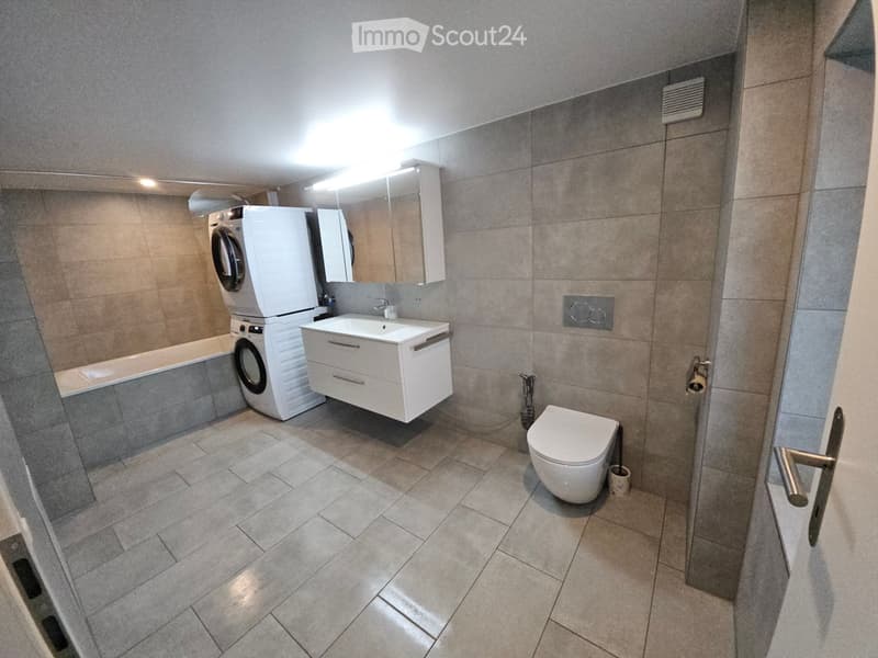 Modern bathroom with grey tiled walls and floor, white fixtures including a sink, toilet, washing machine, and bathtub.