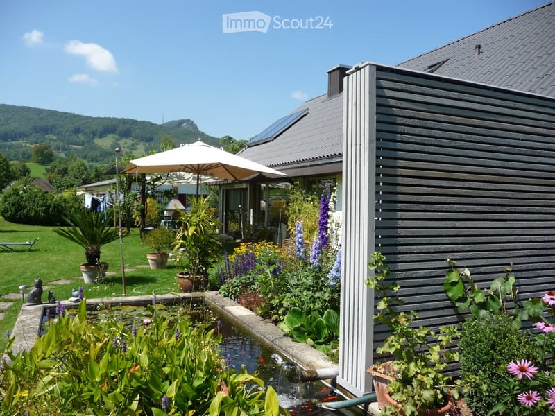 Well-maintained garden with a pond, various plants, flowers, and a modern house in the background. Features include a patio umbrella, decorative statues, and a scenic mountain view.