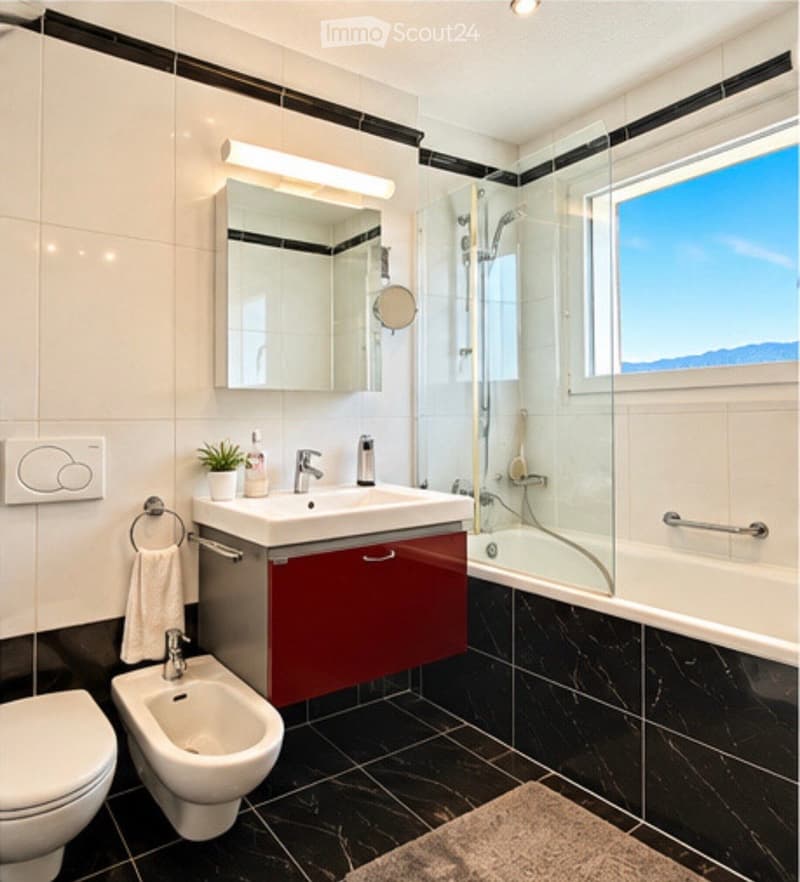 Modern bathroom with white tiles, black marble flooring, a large mirror, a sink with a red cabinet, a toilet, a bidet, and a bathtub with a glass shower enclosure. A small plant and a towel are also visible.