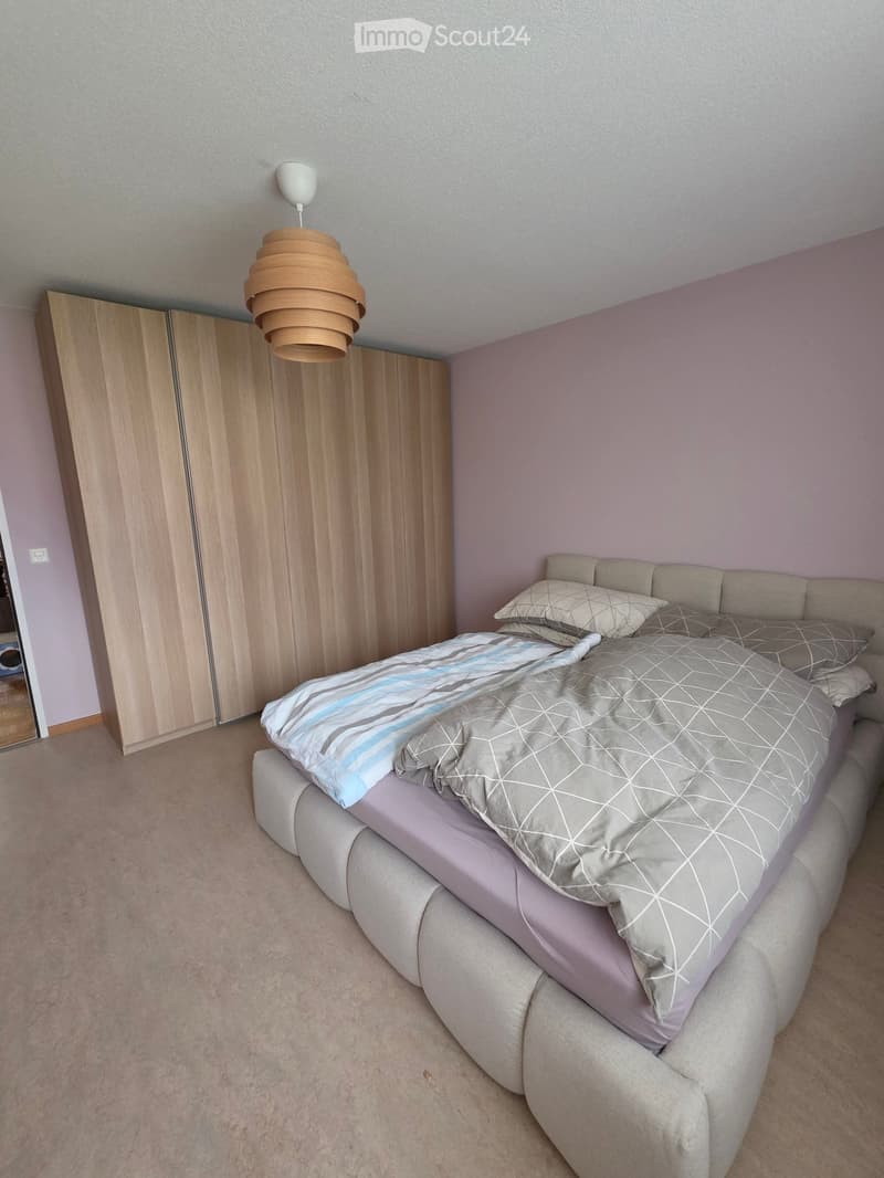 Modern bedroom with a large bed, grey bedding, a wooden wardrobe, and a hanging lamp.