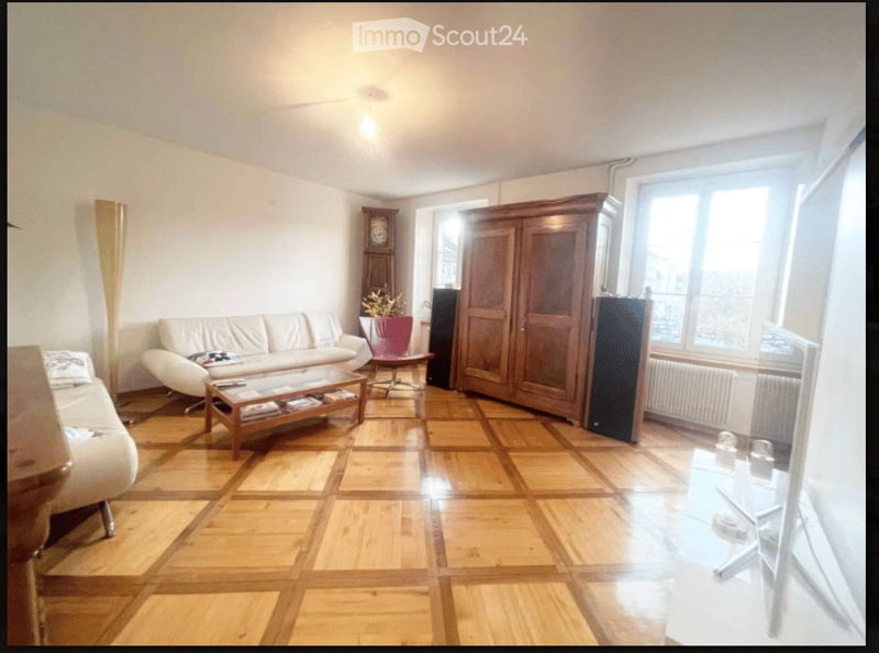 Living room with wooden parquet flooring, white walls, large window, sofa, coffee table, armchair, wardrobe, floor lamp, and television.