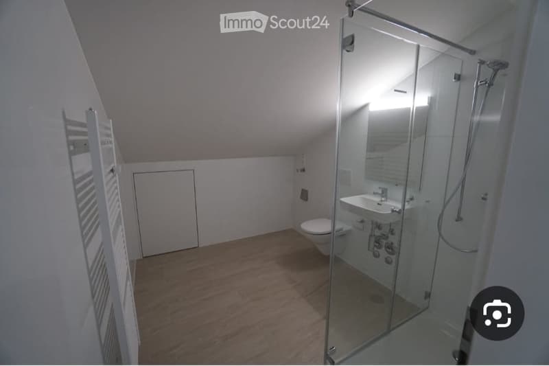 Modern bathroom with wooden flooring, white walls, a toilet, a sink, a glass-enclosed shower, and a white radiator.