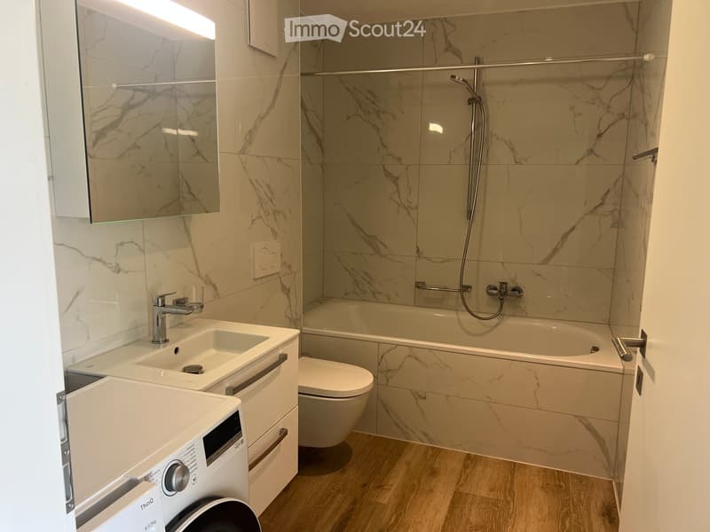 Modern bathroom with marble tiles, a double sink, a bathtub with a shower, a toilet, and a washing machine. Features include a large mirror with built-in lighting and a sleek faucet.