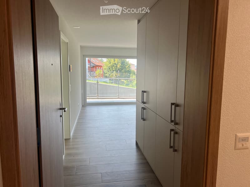 Modern hallway with light-colored wooden doors, built-in storage units, and a view to an outdoor area through a large window.