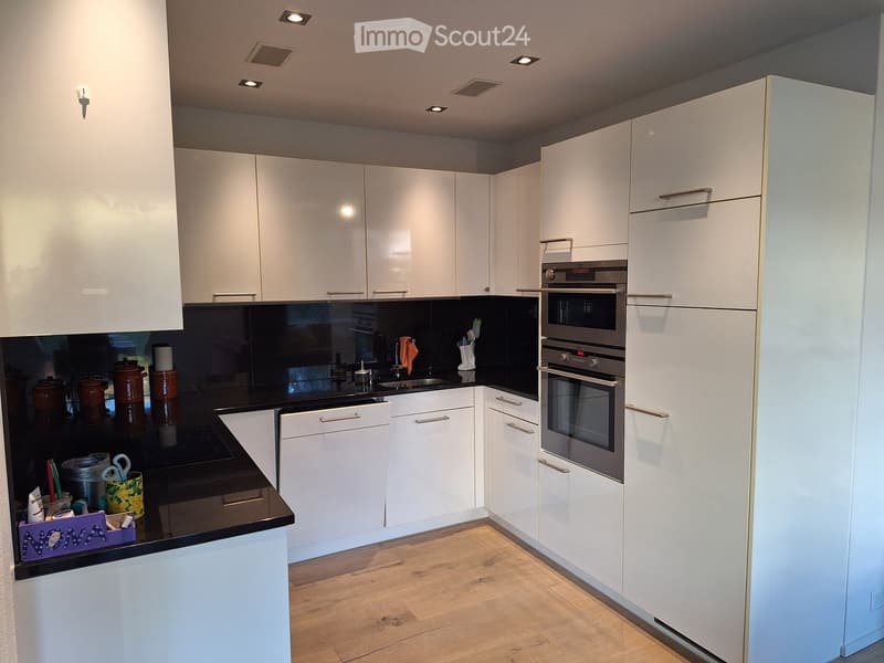Modern kitchen with white cabinets, black countertops, and stainless steel appliances including an oven, dishwasher, and sink.