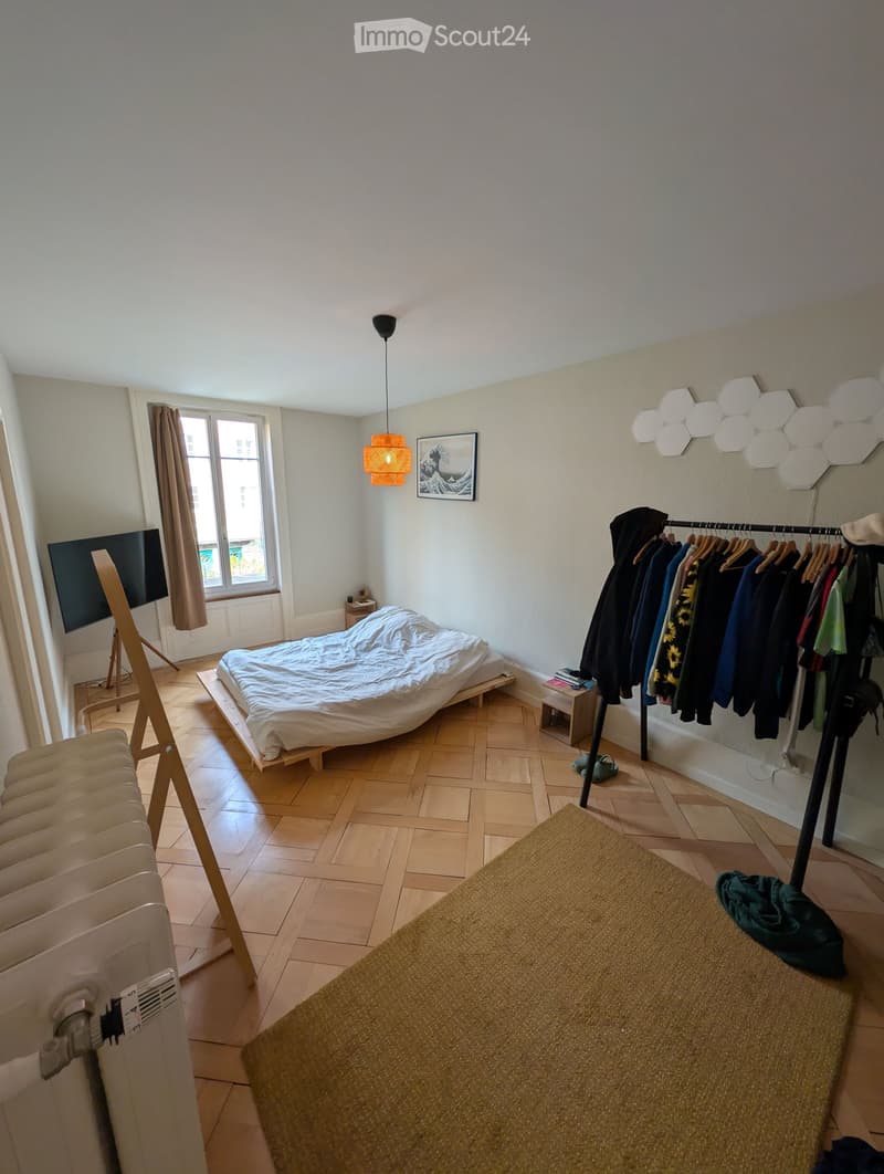 A modern, minimalist bedroom with a wooden floor, a bed with white bedding, a nightstand with a lamp, a clothing rack, a picture frame, a screen, and a radiator.