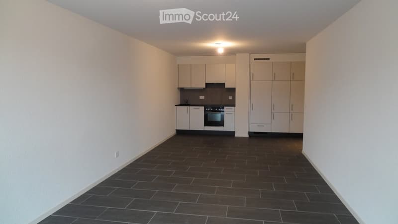 Modern kitchen with white cabinets, black tiled floor, and built-in oven.