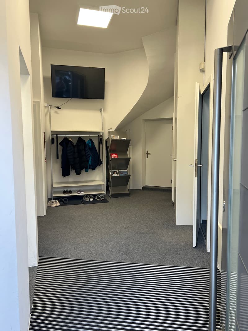Modern hallway with grey carpet, black and white striped runner, coat rack with jackets, shoes, and a TV mounted on the wall.