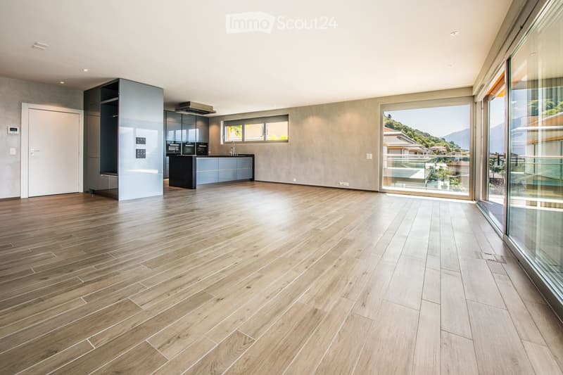 Open, unfurnished room with wooden flooring, large glass windows, and a modern kitchen area in the background.