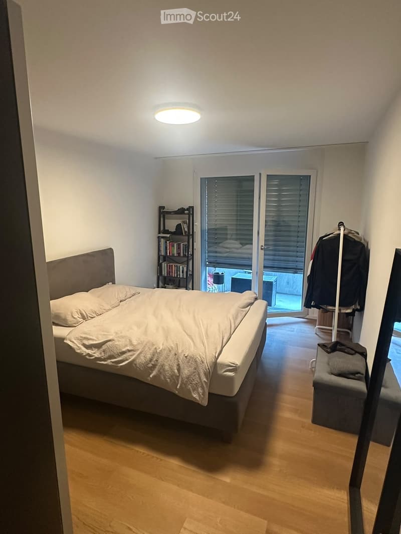 Modern bedroom with a large bed, bookshelf, small stool, and clothing rack near the balcony door.