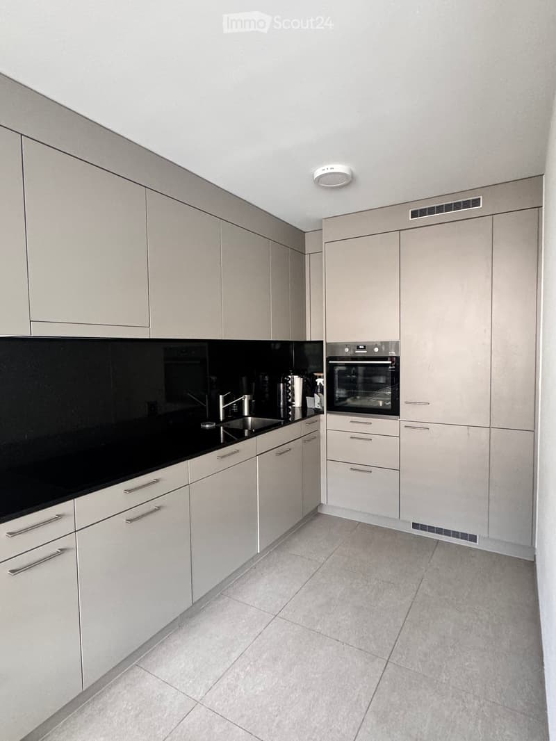 Modern kitchen with light grey cabinets, black countertop, stainless steel sink, and built-in oven.