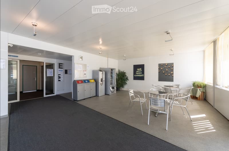 Bright, modern break room with white walls, carpeted floor, and large windows. Features a round table with chairs, a refrigerator, a potted plant, and posters on the wall.