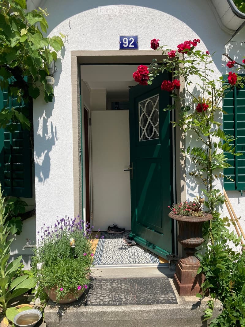 Entrance to a building with a green door, decorative plants, and a patterned doormat.